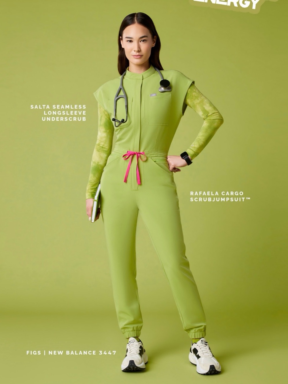 Figs Rafaela Cargo Scrub Jumpsuit in Matcha Green with Pink Drawstring